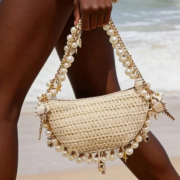 🆕 Straw Seashells and Pearls Shoulder Handbag - Picture 8 of 8